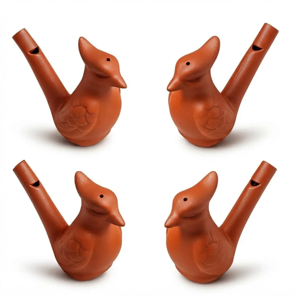 Mud Water Bird Whistle Toy Pack of 4 | Handmade Clay Animal Whistle | Fill Water & Blow Sound | Traditional Kids Toy & Return Gift