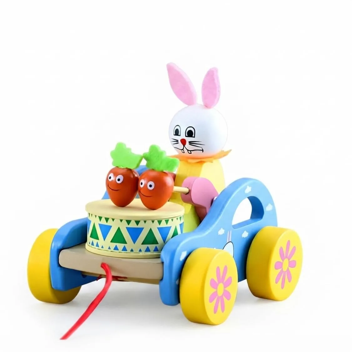 Wooden Rabbit Pull-Along Toy, Bunny Drumming Car, Funny Musical Toy for Toddlers & Kids, Early Walking Vehicle with Attached String, Multi-Color, Cute Wooden Baby Toy for Learning & Play