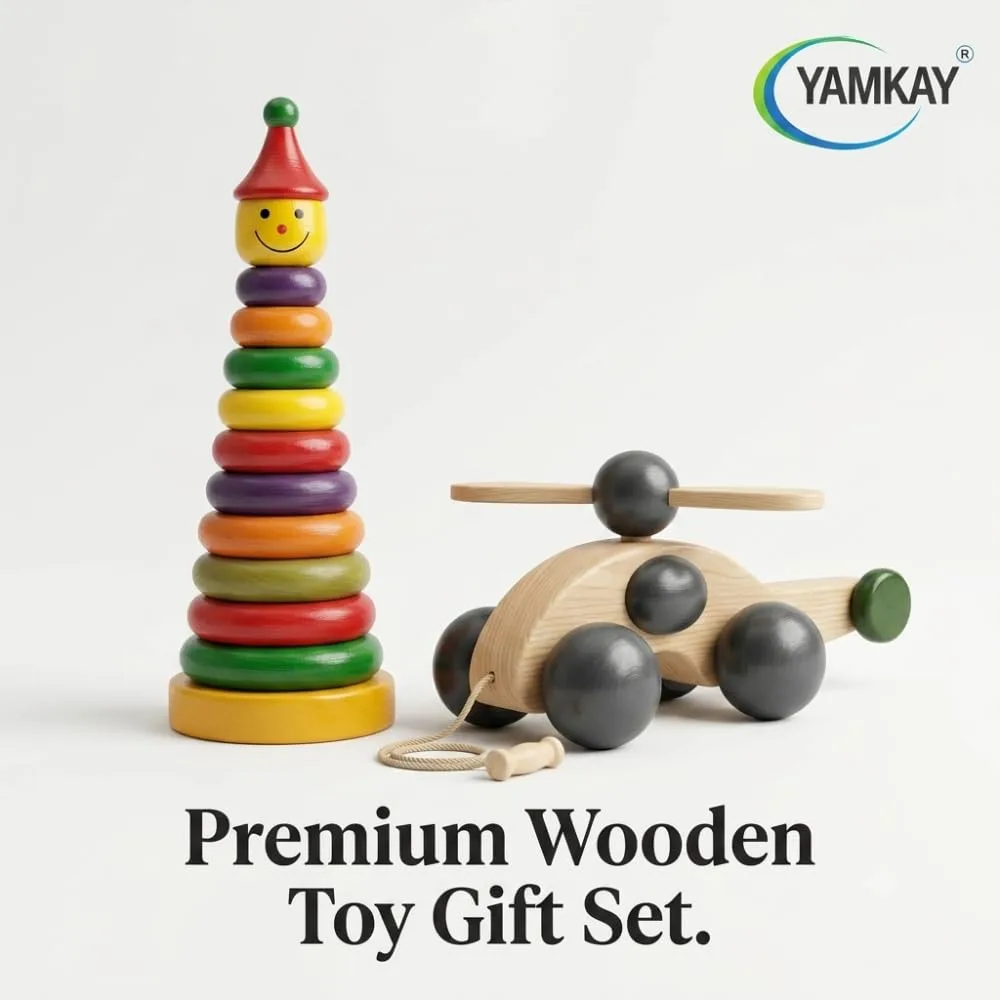 Wooden Toddler Toy Collection Non Toxic Wooden Stacking Rings Toy for Kids Helicopter and Stacking Ring Set - Combo Pack 1 Set