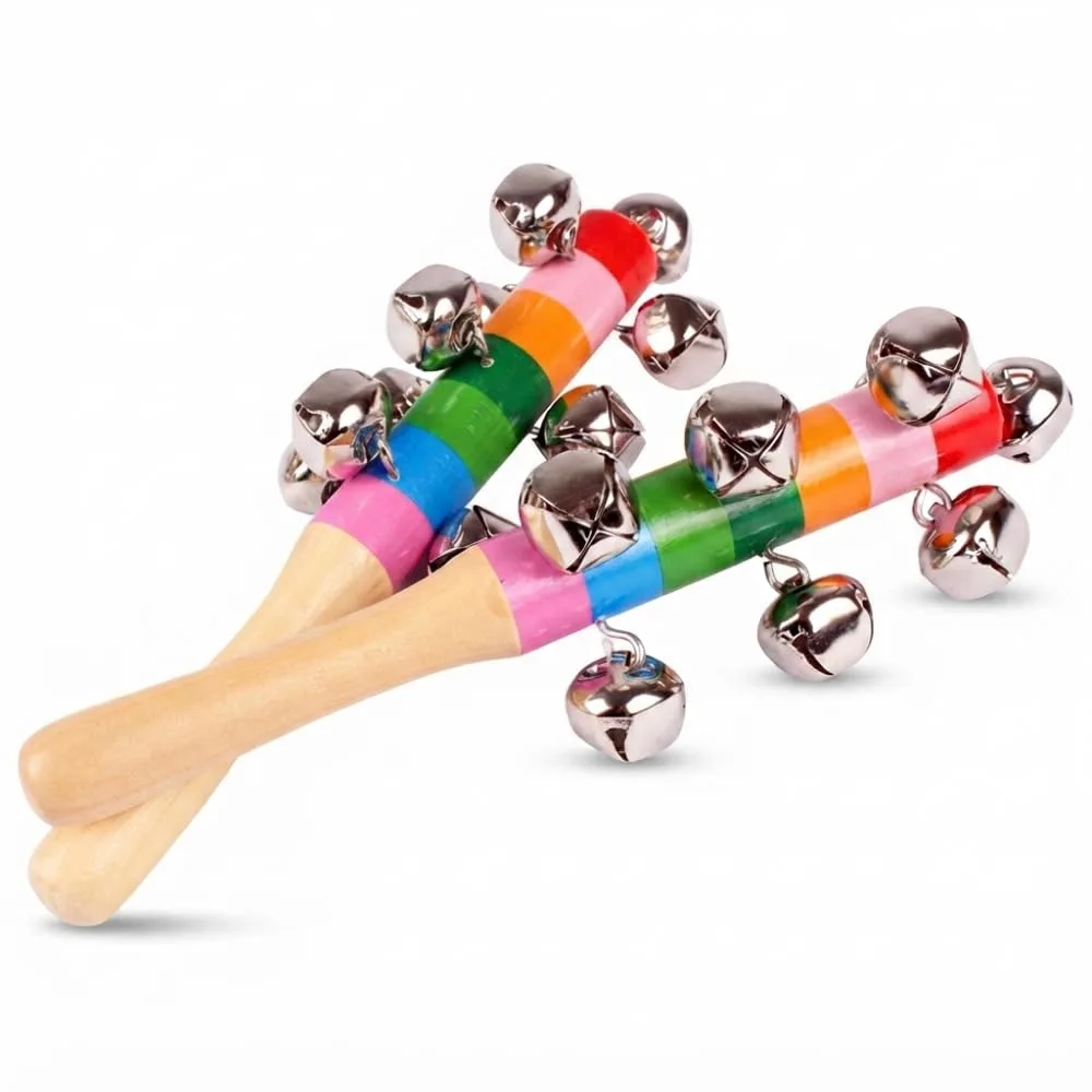 Wooden Rainbow Handle Jingle Bell Rattle Toy for Babies and Toddlers, Colorful Wooden Musical Rattle with Easy-Grip Handle, Gentle Jingle Sound, Handcrafted Sensory Activity Toy for Kids