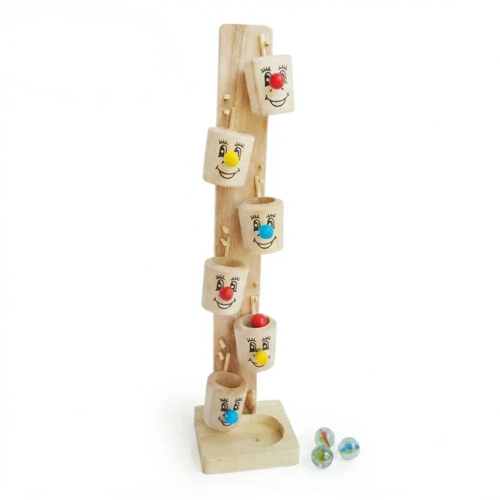 Smiley Face Wooden Slider Marble Tree Game Marble Slider Tree Ball Run Track Game for Kids Wooden Bucket Tree Marble Game Slide in 6 Wooden Tilting Basket | 28 cms