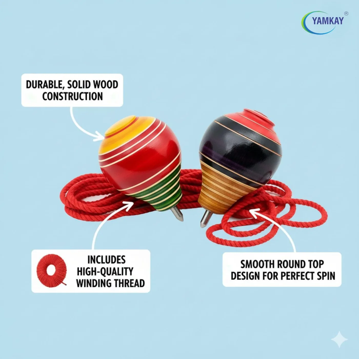 Wooden Spinning Top Toy (Lattoo/Bambaram/Bongaram/Buguri) with Thread | Traditional Indian Toy for Kids & Adults | Handcrafted Wooden Outdoor Game | Multicolor | Pack of 2