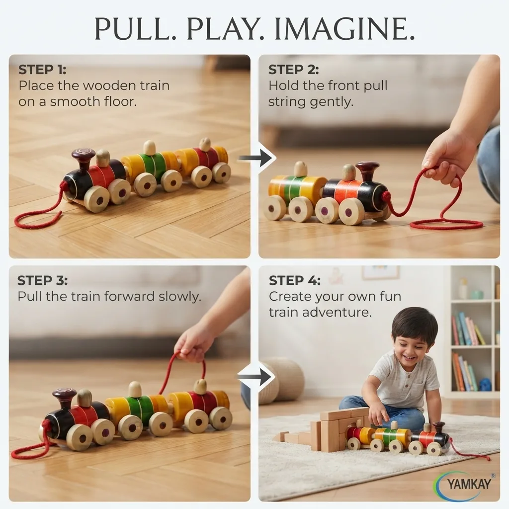 Wooden Pull Train Toy for Kids, Traditional Wooden Toy Train with Pull-Along Design, Colourful Educational Activity Toy for Boys & Girls, Screen-Free Indoor Play Toy, Gift for Children