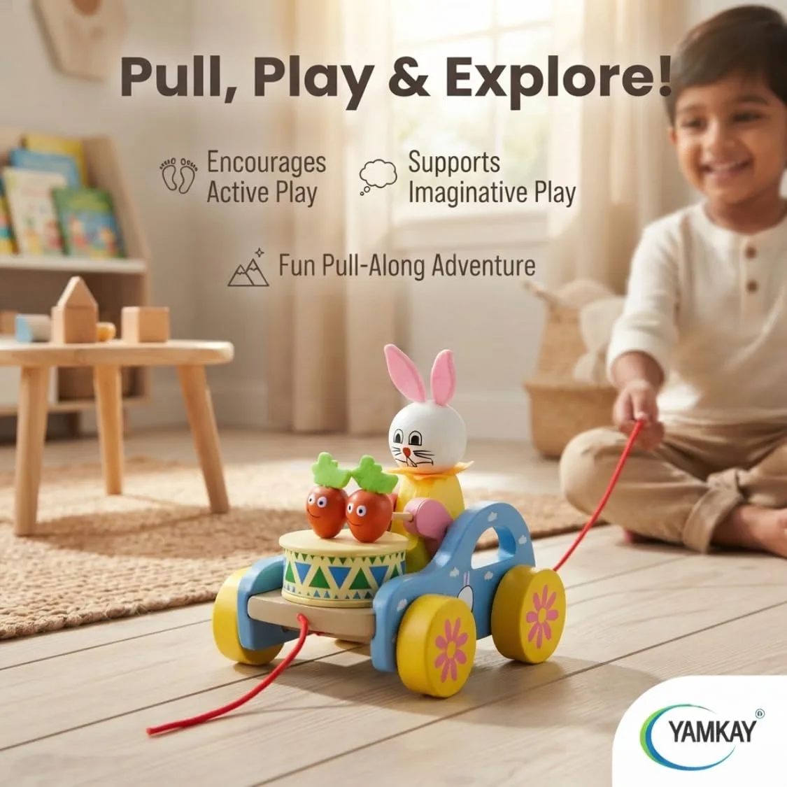 Wooden Rabbit Pull-Along Toy, Bunny Drumming Car, Funny Musical Toy for Toddlers & Kids, Early Walking Vehicle with Attached String, Multi-Color, Cute Wooden Baby Toy for Learning & Play