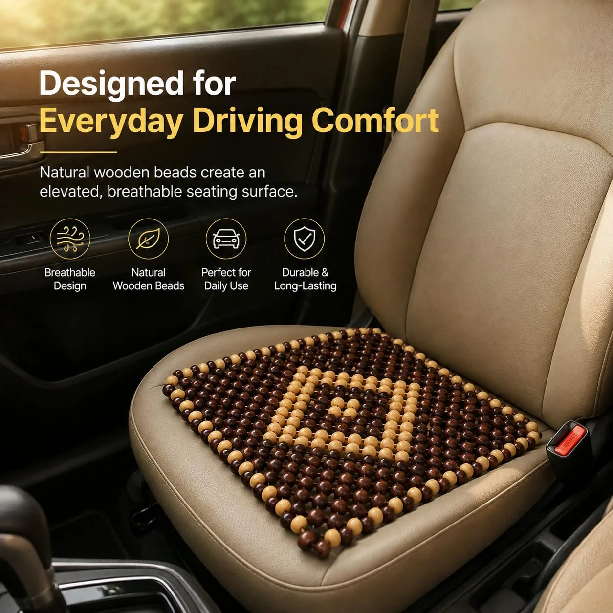 Wooden Bead Car Seat Cushion | Breathable Back & Seat Massager Pad | Universal Fit for Cars, Office Chairs & SUVs | Cooling Comfort, Reduces Sweat | Easy Installation