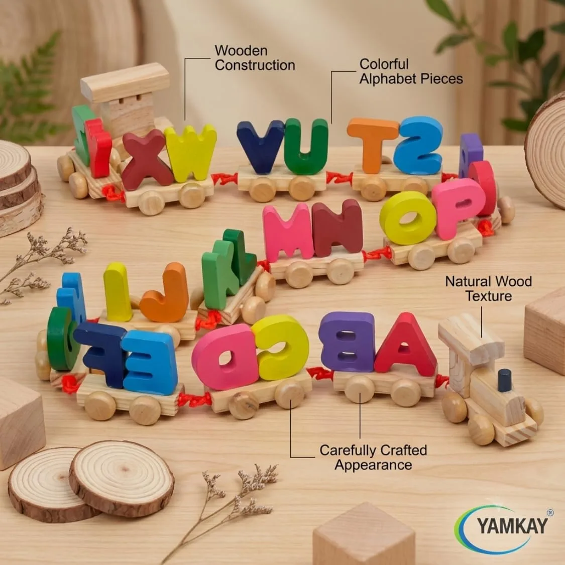 Wooden Alphabet Letters Train A-Z English Vocabulary Building Train Set Early Educational Toys Kids 2+ Years for Boys & Girls AZPack of Multi Color