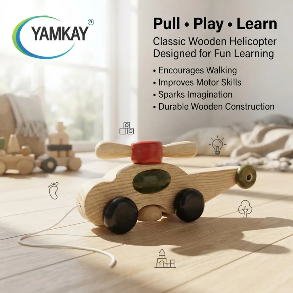 Wooden Beautiful Pull Along Helicopter Toy for Baby Boy & Girl Toddlers Child Safe Toy Pack Of 1 | 12 Months & Above Kids, Toddlers, Infant & Preschool Toys | Develop Fine Motor Skills For Kids