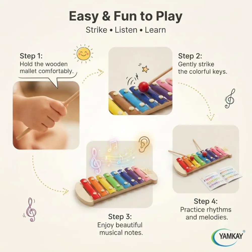 Wooden Guitar Xylophone Musical Toy for with 8 Note Sound Instrument with Metal Keys & Wooden Stick Pack of -1 Big Size