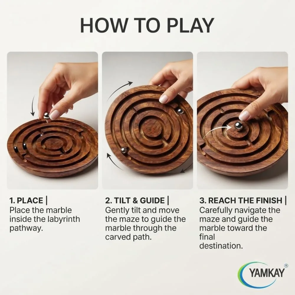 Handmade Round Labyrinth Maze Wooden Skill Toy for Kids, Classic Balance and Coordination Puzzle Game, Screen-Free Activity Toy for Children, Brain Teaser Maze Game for Home, Travel & Family Fun