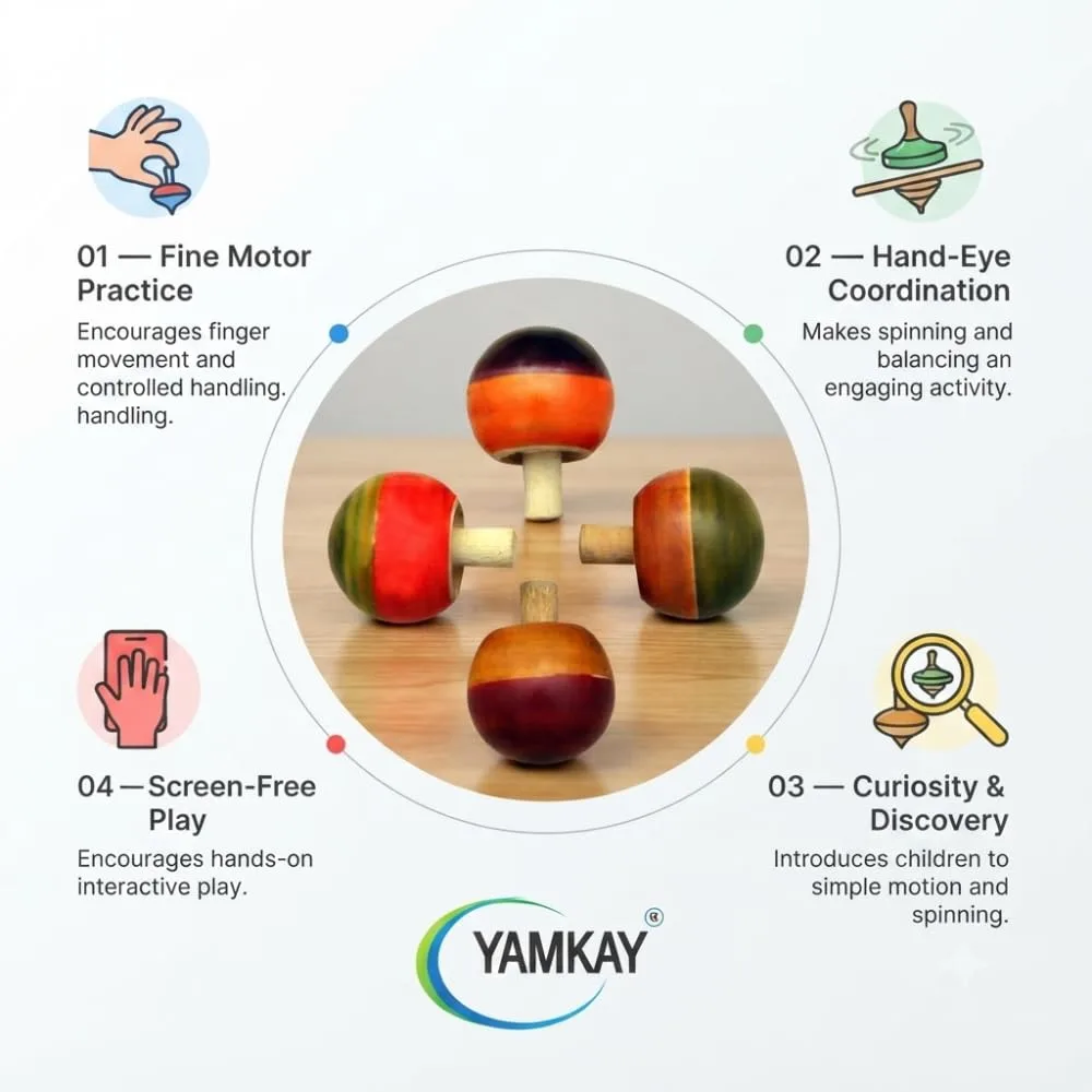 Wooden Spinning Top Toy for Kids, Traditional Handmade Wooden Top with Easy Spin Design, Skill-Building Activity Toy for Boys and Girls, Fun Indoor Outdoor Play Gift(set of 4)(color may vary)