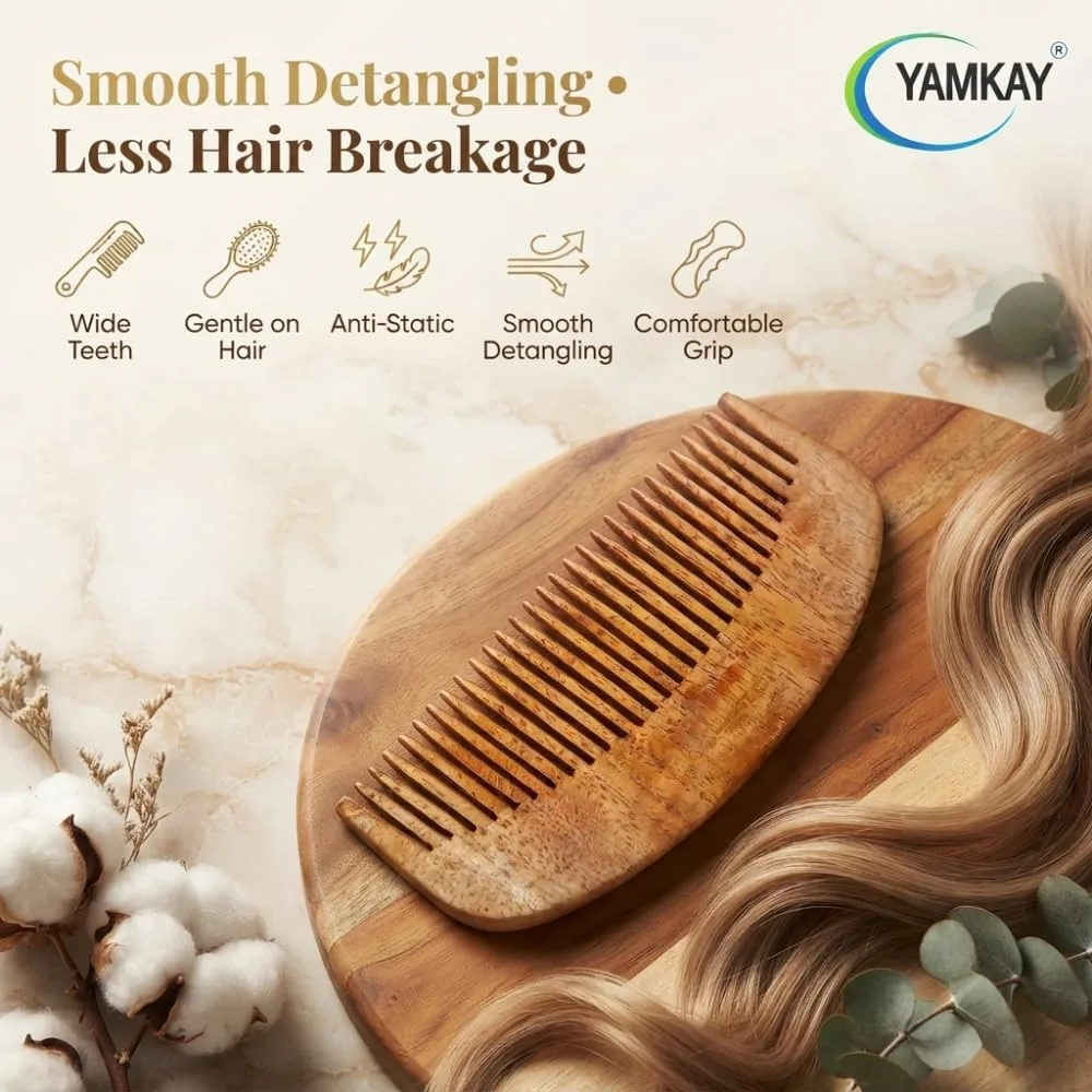 Neem Wood Comb for Men & Women | Handmade Natural Wooden Hair Comb with Smooth Wide Teeth, Lightweight Hair Care Comb for Daily Grooming, Scalp Massage & Detangling | Eco-Friendly Comb