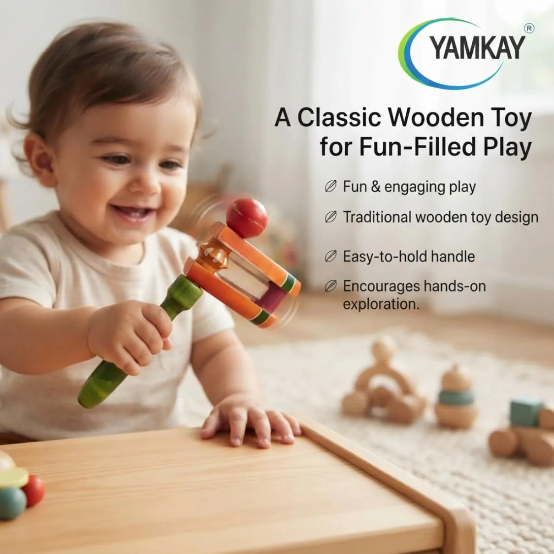 Wooden Wara Wara Rattle Toy for Babies and Toddlers | Traditional Handmade Wooden Shaker Toy with Gentle Sound | Safe Grip Sensory Activity Toy for Early Learning, Hand-Eye Coordination & Playtime