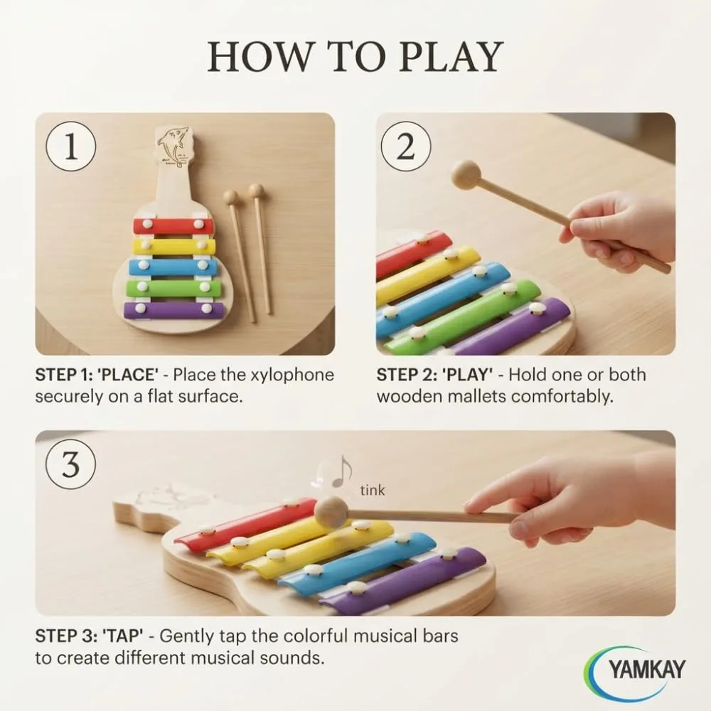 Wooden Xylophone Guitar Toy for Kids, 5 Notes Musical Instrument with Colorful Keys and Guitar Design, Educational Learning Toy for Boys and Girls, Creative Music & Rhythm Play Gift