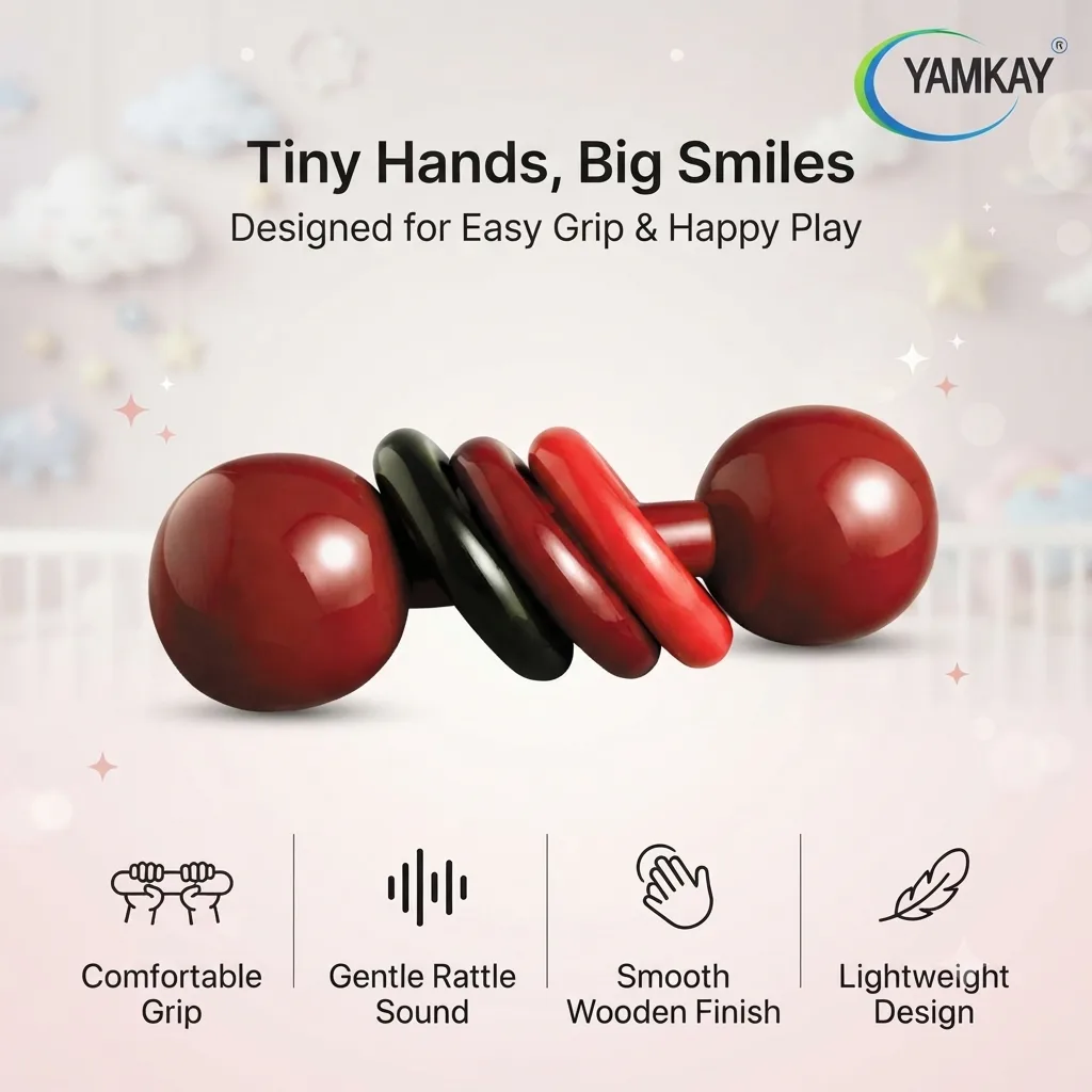Wooden Dumbbells Rattle Toy for Newborn Babies | Pack of 2 Multicolor Sound-Making Rattle | Organic Traditional Baby Toy for Infants | Safe, Non-Toxic, Fun Discover Sounds Game | Made in India Pack of 1