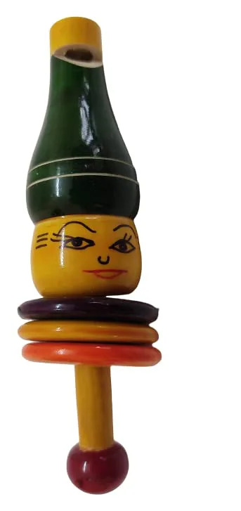 Wooden Queen Face Whistle and Ring Rattle Toy for Babies, Handmade Traditional Wooden Baby Toy, Fun Sound Maker and Grasping Rattle for Infants, Lightweight Baby Gift Toy, Pack of 1, Color May Vary