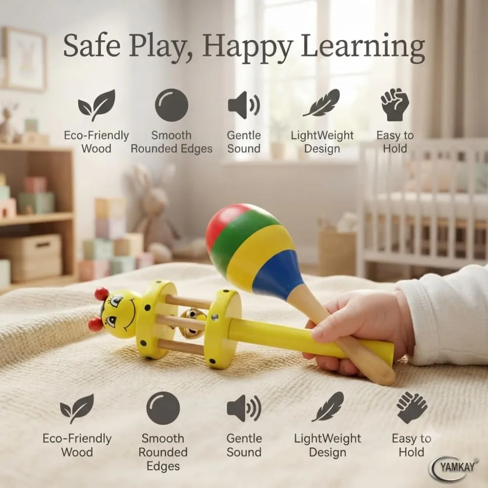 Eco-Friendly Wooden Rattle Cage & Shaker Toy for Babies | Non-Toxic, Safe, and Natural Wooden Baby Rattle | Stimulates Sensory Development | Perfect for Newborns, Infants, and Toddlers | Color May Vary