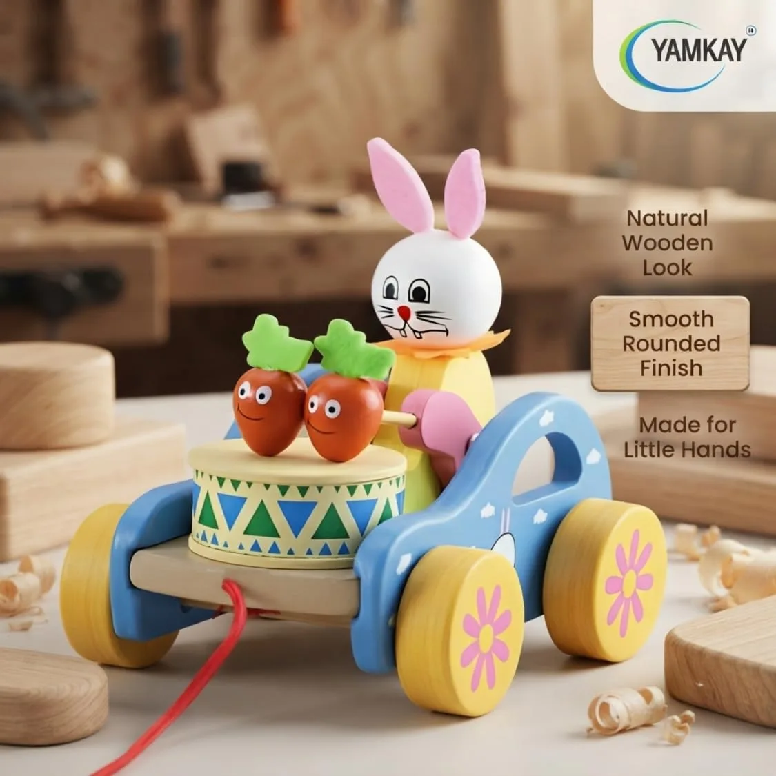 Wooden Rabbit Pull-Along Toy, Bunny Drumming Car, Funny Musical Toy for Toddlers & Kids, Early Walking Vehicle with Attached String, Multi-Color, Cute Wooden Baby Toy for Learning & Play