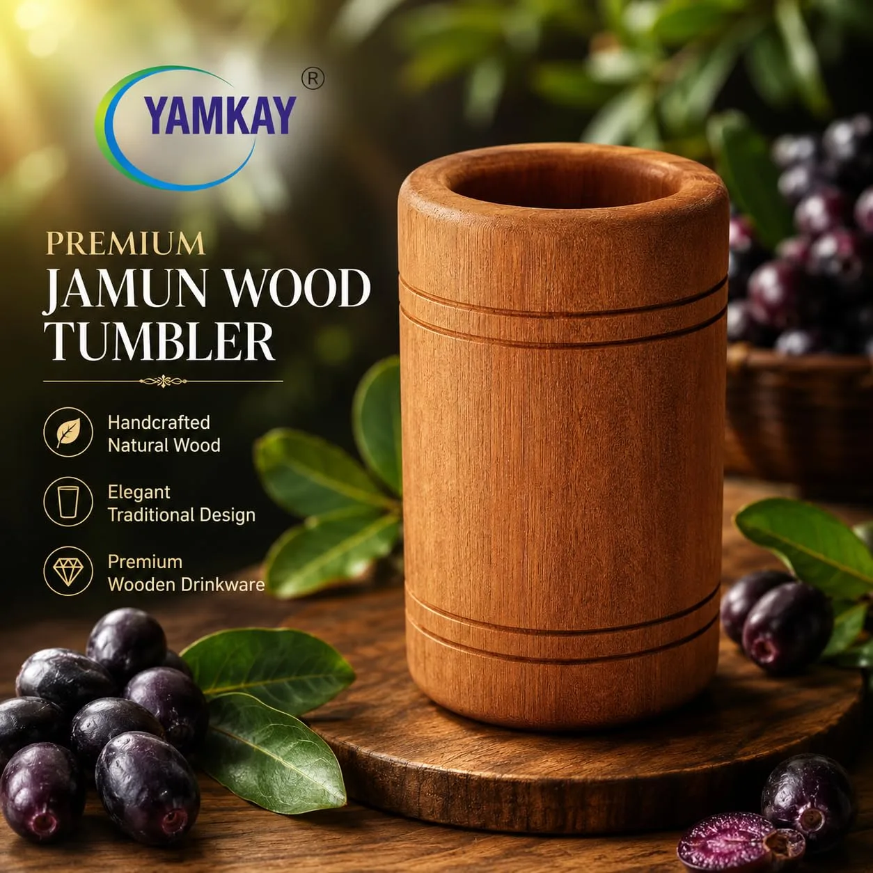 Handmade Wooden Jamun Glass, Traditional Indian Wooden Drinking Cup, Natural Wooden Tumbler for Water, Juice & Beverages, Eco-Friendly Reusable Kitchen Drinkware, Rustic Home Décor