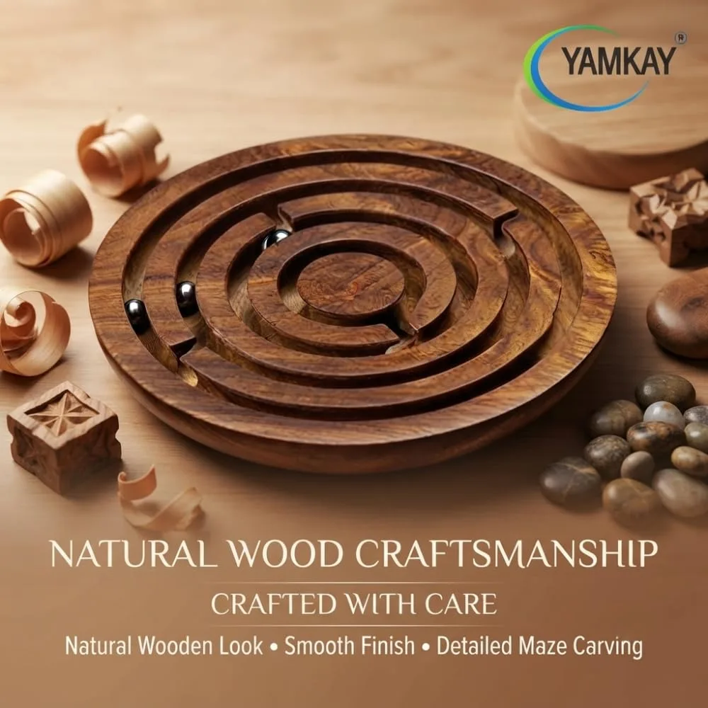 Handmade Round Labyrinth Maze Wooden Skill Toy for Kids, Classic Balance and Coordination Puzzle Game, Screen-Free Activity Toy for Children, Brain Teaser Maze Game for Home, Travel & Family Fun