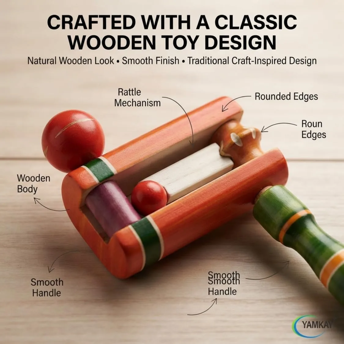 Wooden Wara Wara Rattle Toy for Babies and Toddlers | Traditional Handmade Wooden Shaker Toy with Gentle Sound | Safe Grip Sensory Activity Toy for Early Learning, Hand-Eye Coordination & Playtime