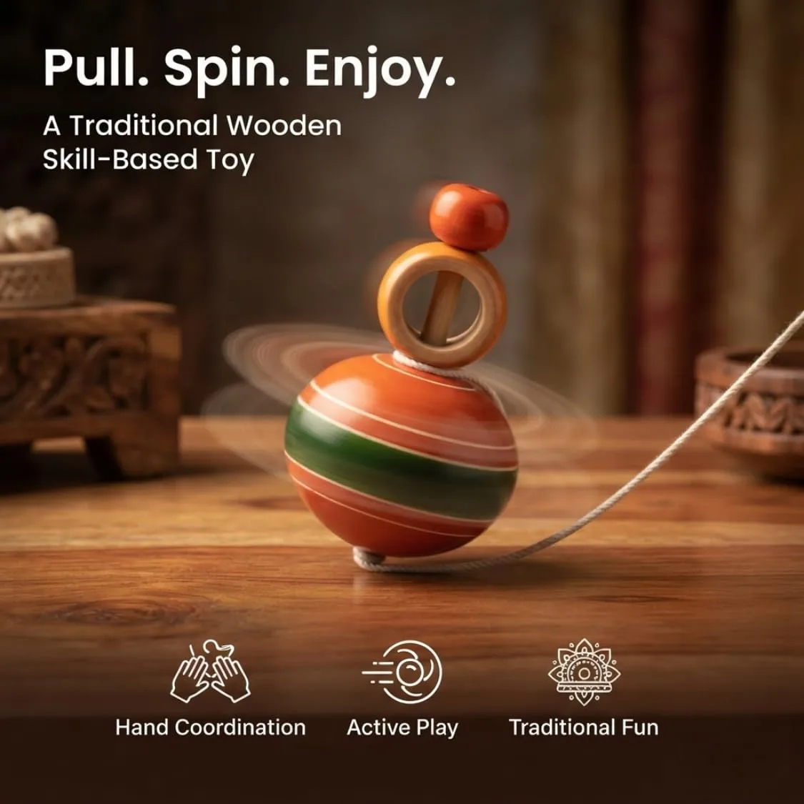 Round Thread Pulling Spinning Top Toy for Kids, Traditional Handmade Spinning Toy with Pull String, Fun Rotating Activity Toy for Boys and Girls, Educational Skill Development Toy for Indoor Play(color may vary)