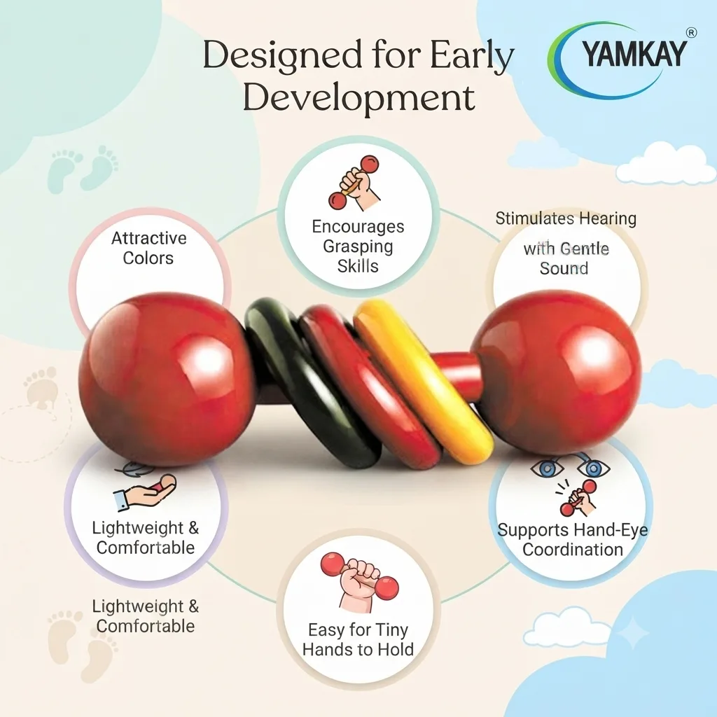 Wooden Dumbbells Rattle Toy for Newborn Babies | Pack of 2 Multicolor Sound-Making Rattle | Organic Traditional Baby Toy for Infants | Safe, Non-Toxic, Fun Discover Sounds Game | Made in India Pack of 1