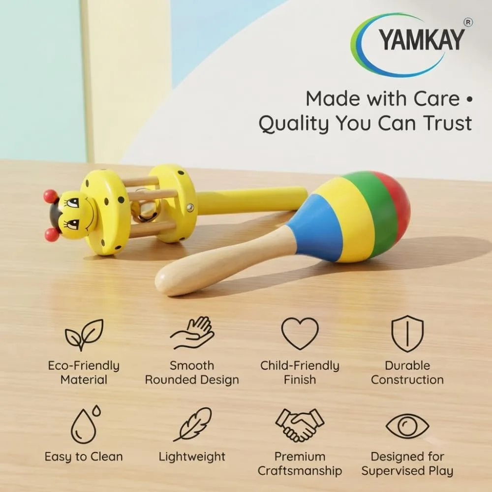 Eco-Friendly Wooden Rattle Cage & Shaker Toy for Babies | Non-Toxic, Safe, and Natural Wooden Baby Rattle | Stimulates Sensory Development | Perfect for Newborns, Infants, and Toddlers | Color May Vary