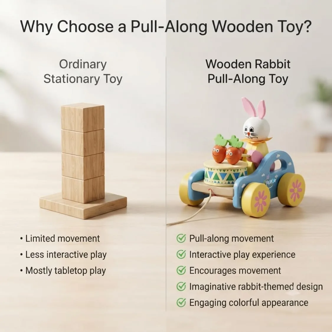 Wooden Rabbit Pull-Along Toy, Bunny Drumming Car, Funny Musical Toy for Toddlers & Kids, Early Walking Vehicle with Attached String, Multi-Color, Cute Wooden Baby Toy for Learning & Play