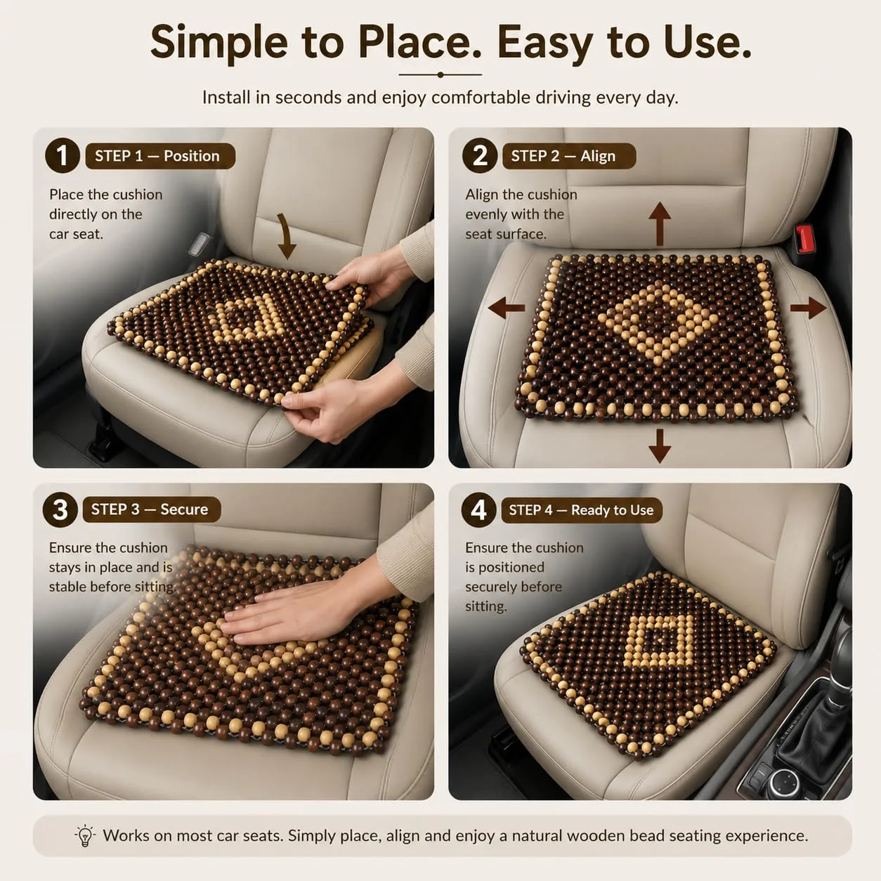 Wooden Bead Car Seat Cushion | Breathable Back & Seat Massager Pad | Universal Fit for Cars, Office Chairs & SUVs | Cooling Comfort, Reduces Sweat | Easy Installation