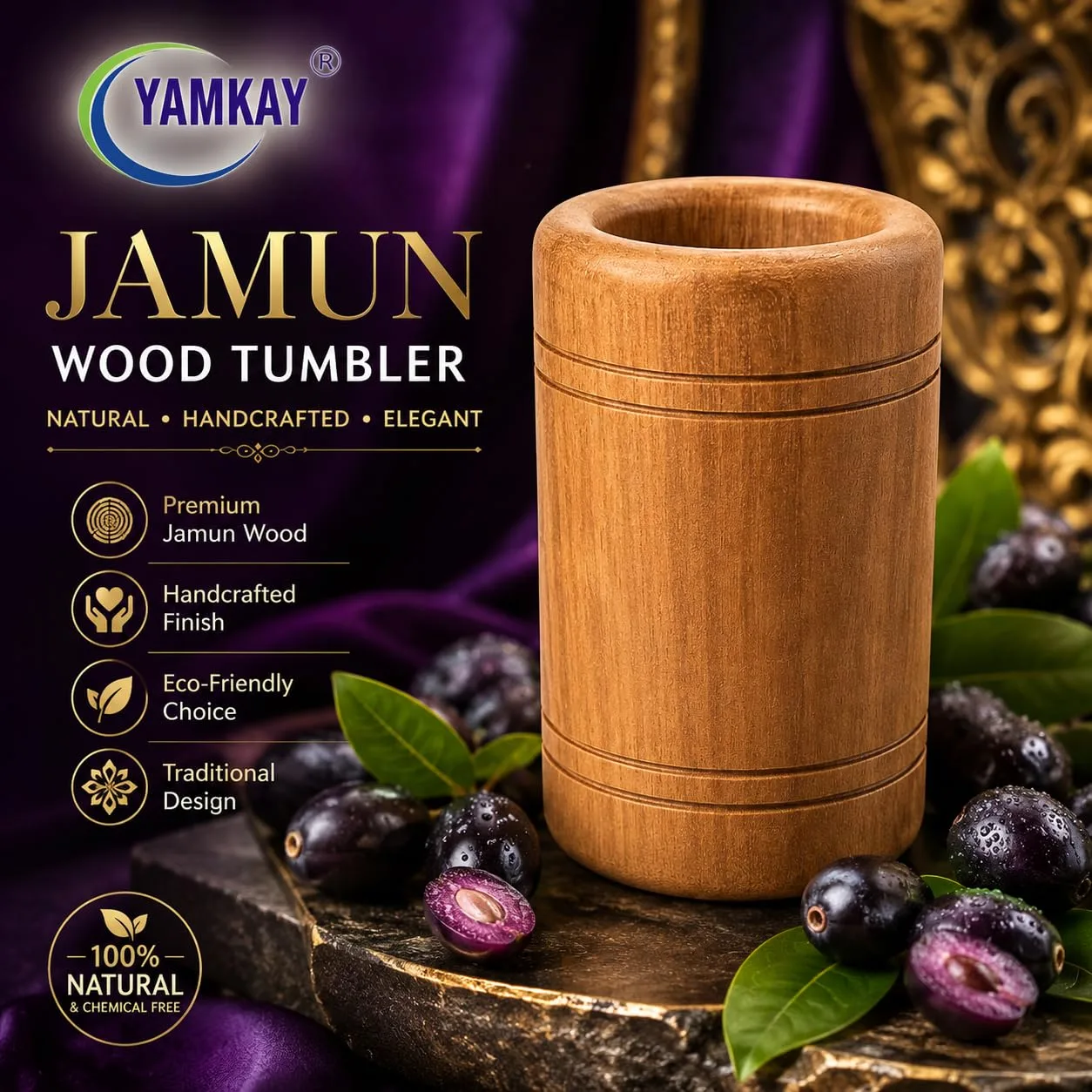 Handmade Wooden Jamun Glass, Traditional Indian Wooden Drinking Cup, Natural Wooden Tumbler for Water, Juice & Beverages, Eco-Friendly Reusable Kitchen Drinkware, Rustic Home Décor
