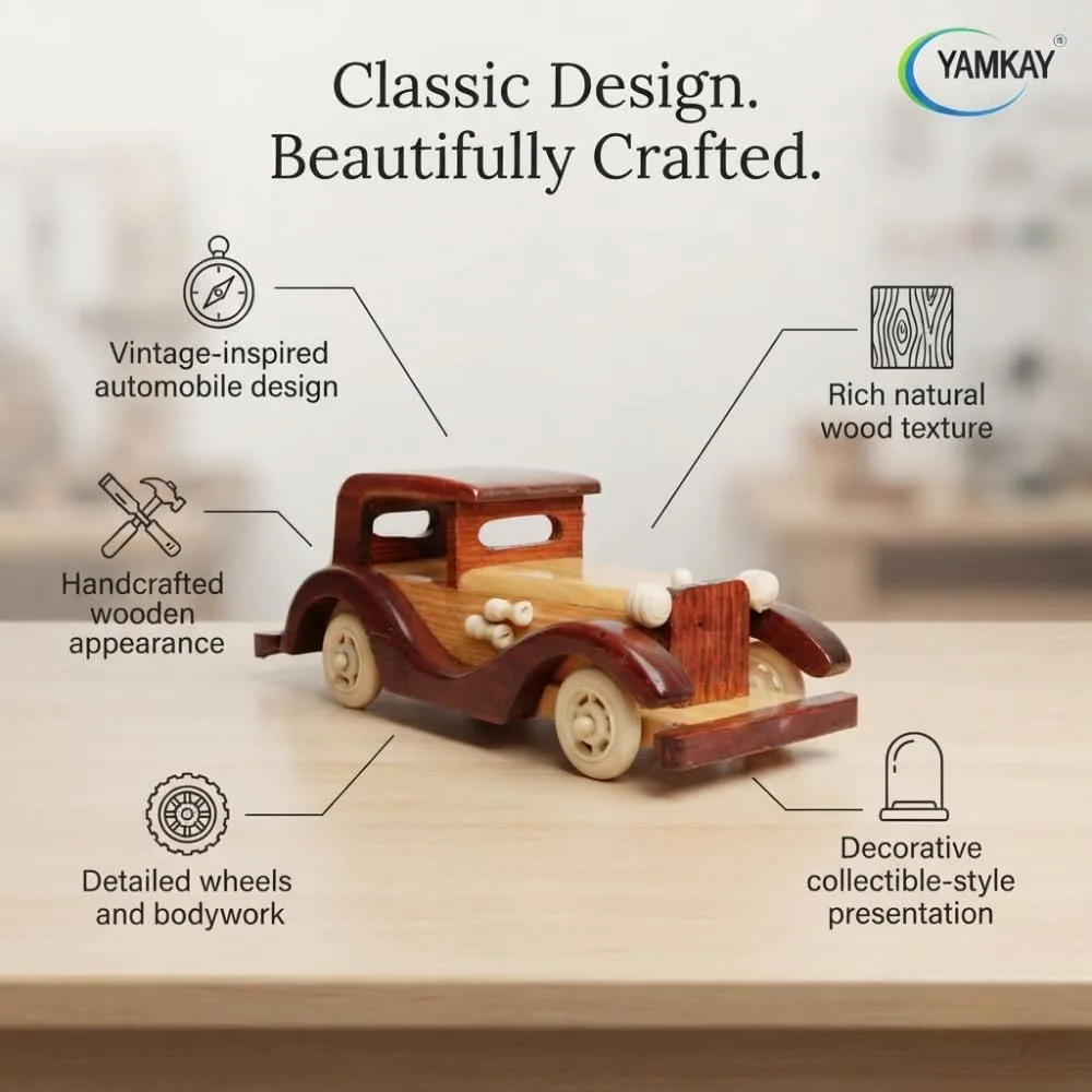 Wooden Vintage Classic Vehicle Car – Small Retro Model for Home Decoration & Kids Playing Toy – Handcrafted Wooden Vintage Car, Ideal for Display, Collectibles & Gifts – Pack of 1