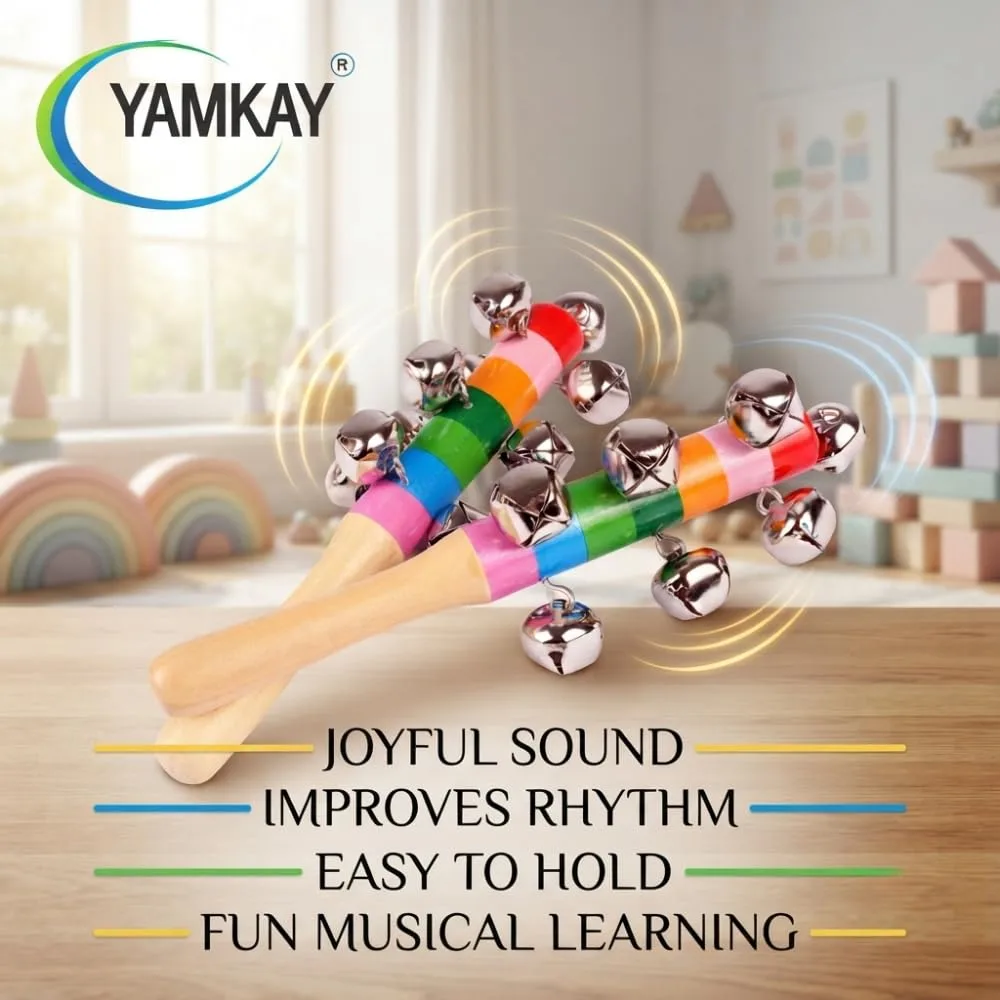 Wooden Rainbow Handle Jingle Bell Rattle Toy for Babies and Toddlers, Colorful Wooden Musical Rattle with Easy-Grip Handle, Gentle Jingle Sound, Handcrafted Sensory Activity Toy for Kids