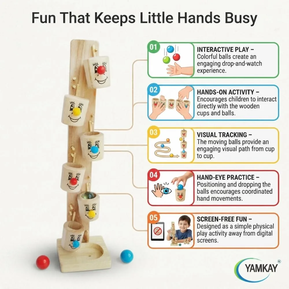 Smiley Face Wooden Slider Marble Tree Game Marble Slider Tree Ball Run Track Game for Kids Wooden Bucket Tree Marble Game Slide in 6 Wooden Tilting Basket | 28 cms