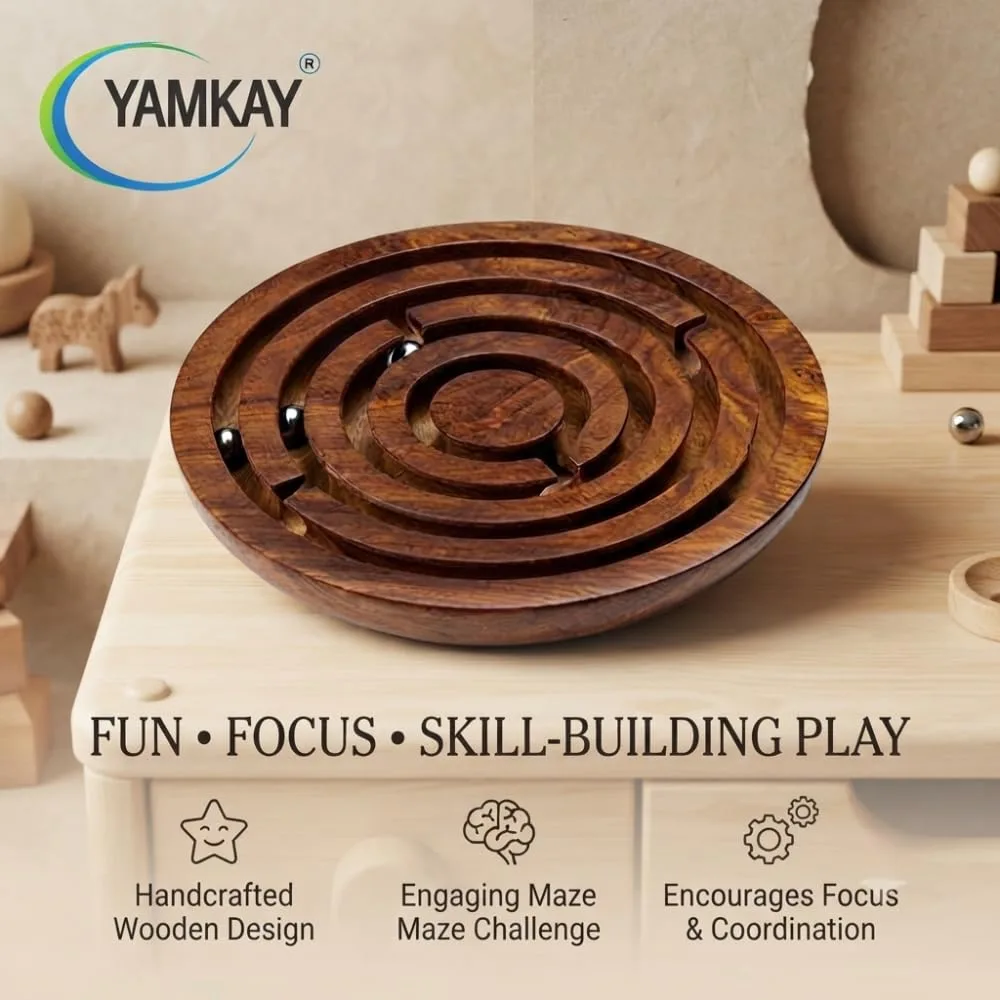 Handmade Round Labyrinth Maze Wooden Skill Toy for Kids, Classic Balance and Coordination Puzzle Game, Screen-Free Activity Toy for Children, Brain Teaser Maze Game for Home, Travel & Family Fun
