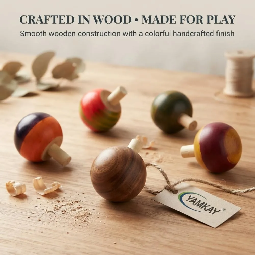 Wooden Spinning Top Toy for Kids, Traditional Handmade Wooden Top with Easy Spin Design, Skill-Building Activity Toy for Boys and Girls, Fun Indoor Outdoor Play Gift(set of 4)(color may vary)