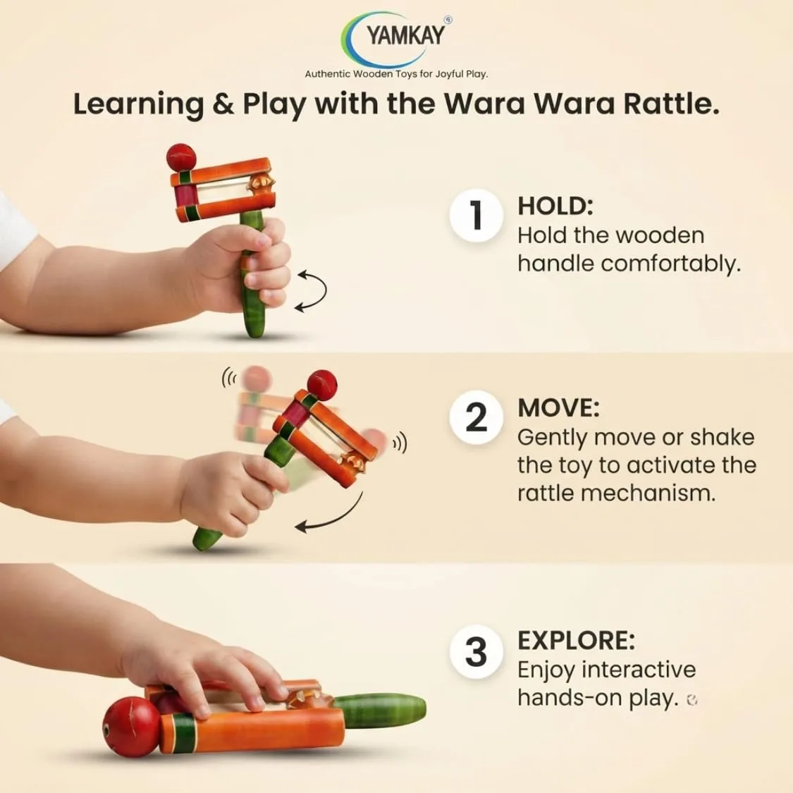 Wooden Wara Wara Rattle Toy for Babies and Toddlers | Traditional Handmade Wooden Shaker Toy with Gentle Sound | Safe Grip Sensory Activity Toy for Early Learning, Hand-Eye Coordination & Playtime