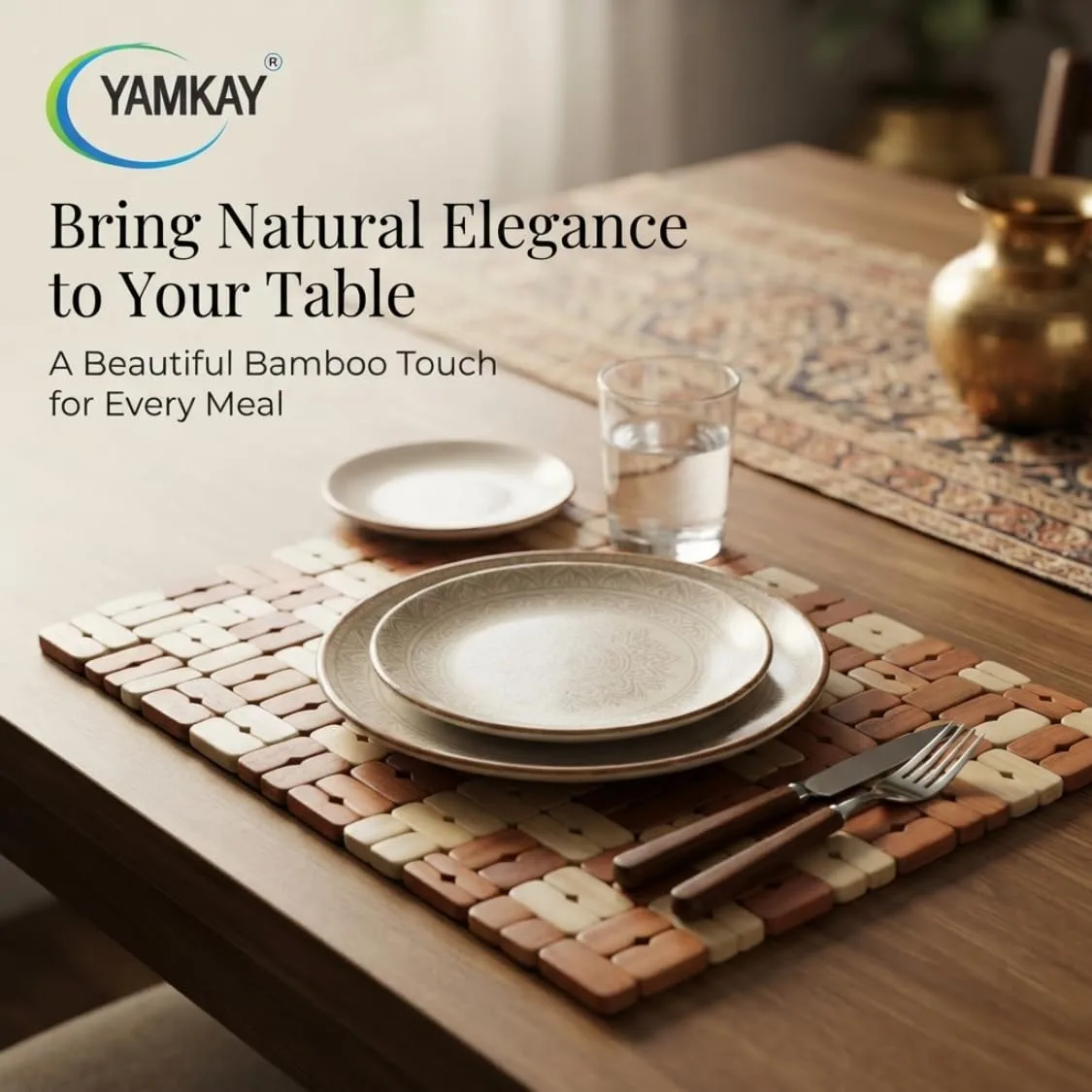 Bamboo Rectangular Dining Table Placemat | Heat Insulation Table Pad | Stylish and Functional for Dining, Kitchen, Outdoor | Non-Slip | Protects Tables from Heat, Spills & Stains Pack of 1
