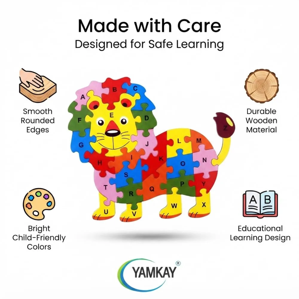 Wooden Lion Shaped 3D Alphabet Puzzle A&Z Capital Letter Learning Blocks Educational Activity Toy Kids Colorful Jigsaw with 1&5 Numbers Improves Problem Solving Skills for Boys & Girls