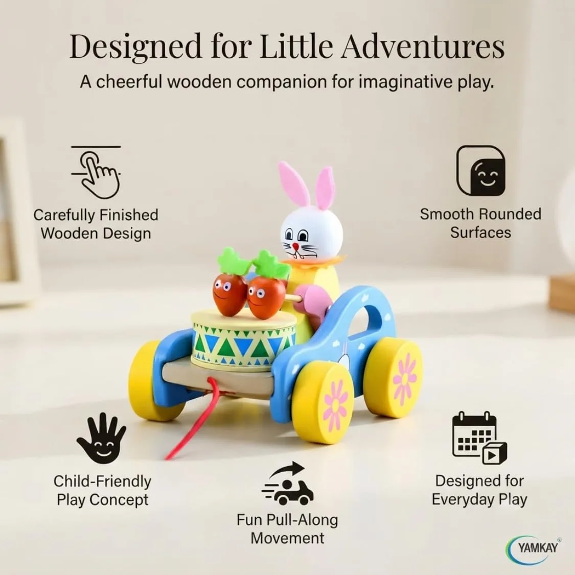 Wooden Rabbit Pull-Along Toy, Bunny Drumming Car, Funny Musical Toy for Toddlers & Kids, Early Walking Vehicle with Attached String, Multi-Color, Cute Wooden Baby Toy for Learning & Play