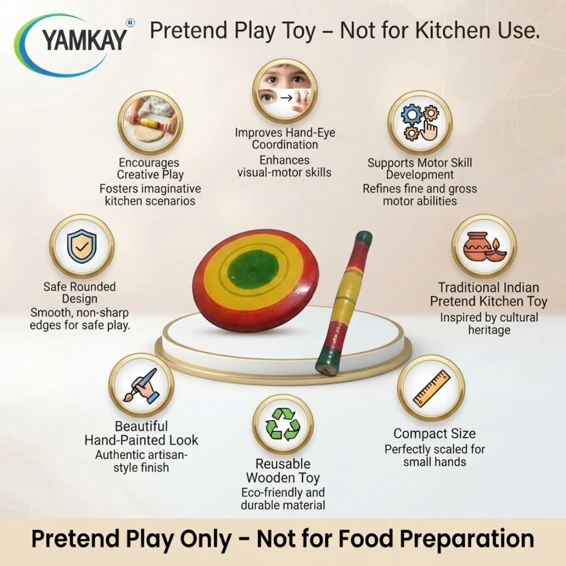 Wooden Kids Chapathi Maker Chakla Belan Playset only for Kids not for Kitchen Use Toy Set Baby Miniature Funny Yet Beautiful Toys Pack of 1