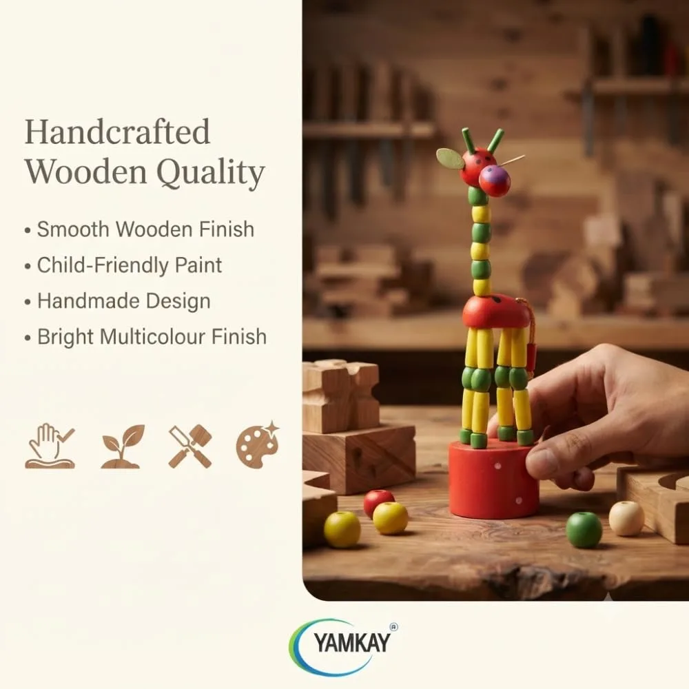 Wooden Handmade Baby Animals Giraffe Rocking Toy for Kids Multicolour Giraffe Push Up Puppets Animal Wooden Toys for Children Boys Girls - Set of 1