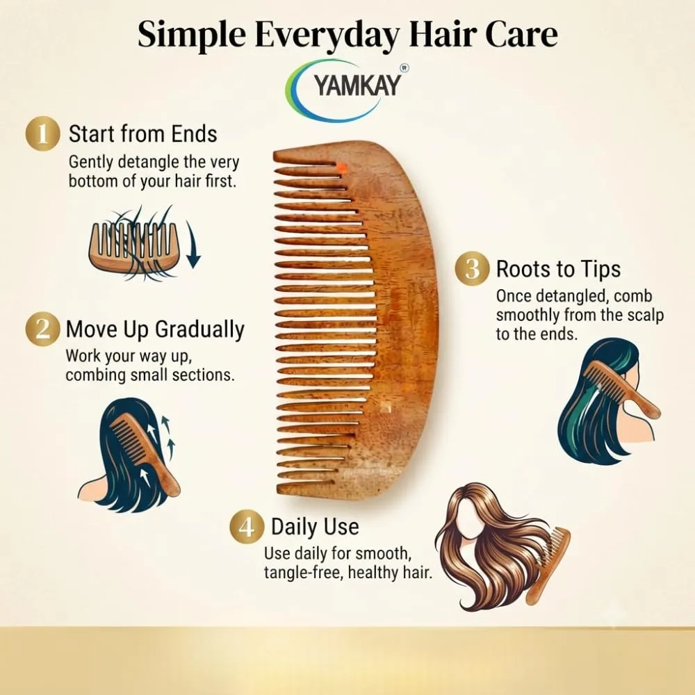 Neem Wood Comb for Men & Women | Handmade Natural Wooden Hair Comb with Smooth Wide Teeth, Lightweight Hair Care Comb for Daily Grooming, Scalp Massage & Detangling | Eco-Friendly Comb