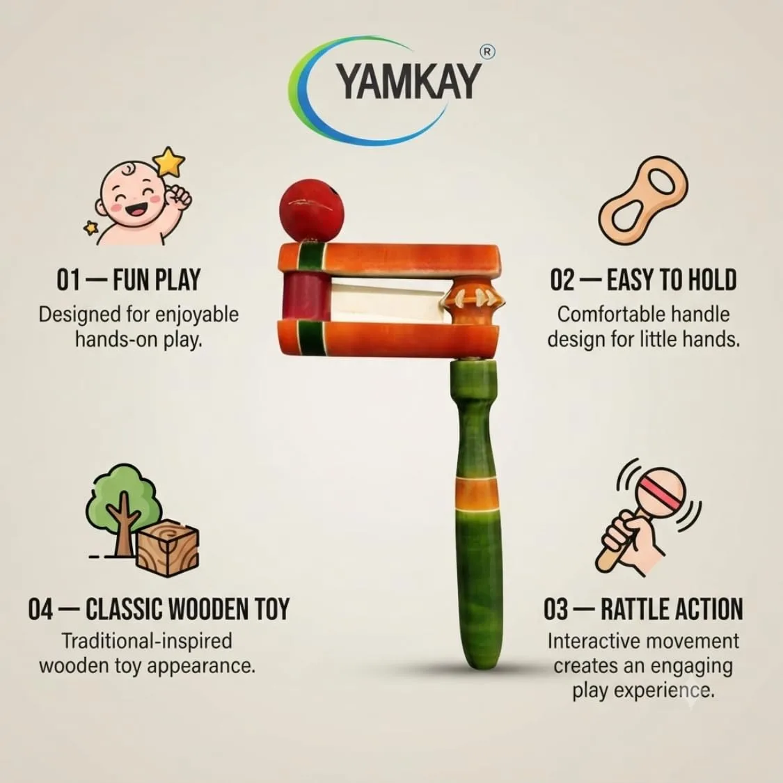 Wooden Wara Wara Rattle Toy for Babies and Toddlers | Traditional Handmade Wooden Shaker Toy with Gentle Sound | Safe Grip Sensory Activity Toy for Early Learning, Hand-Eye Coordination & Playtime
