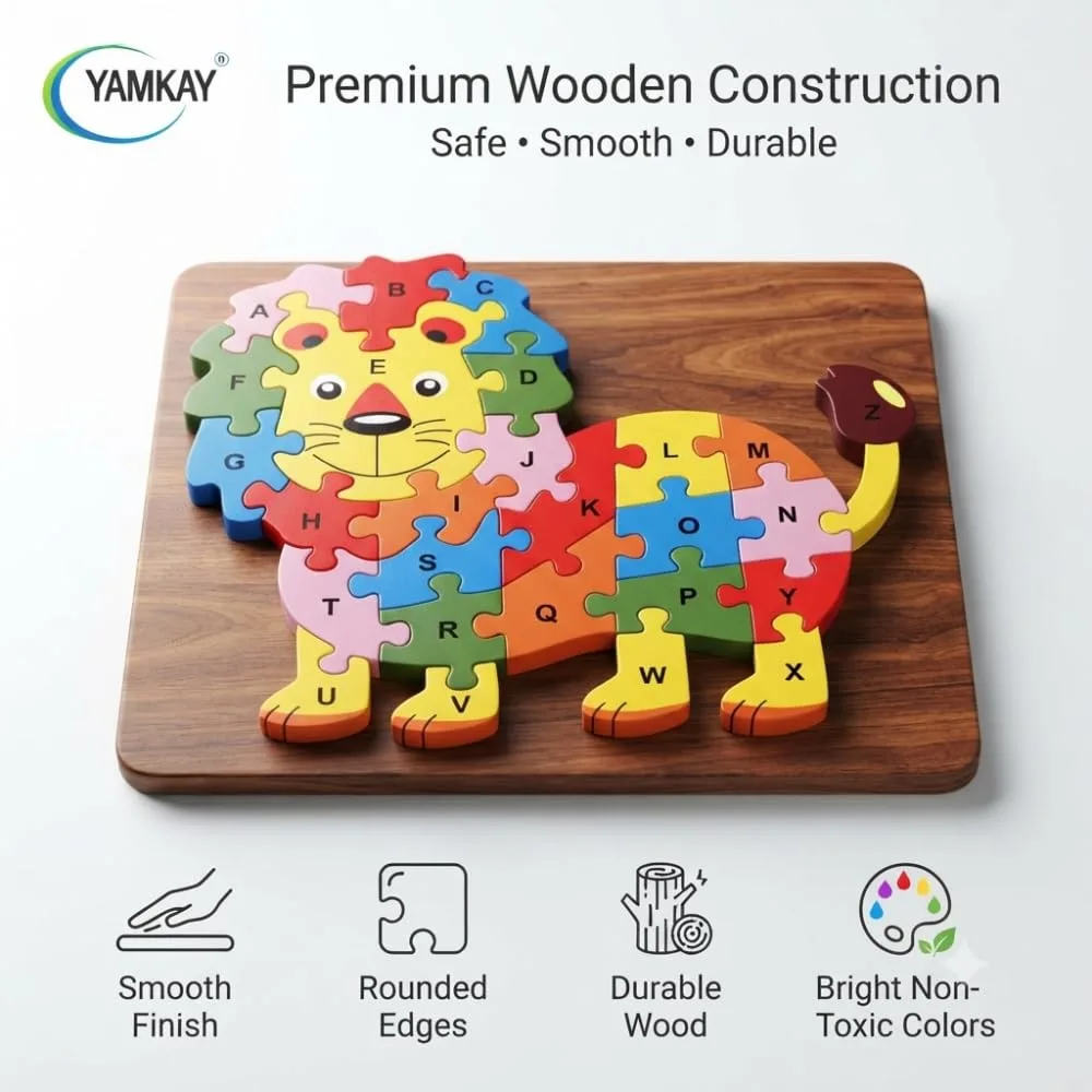 Wooden Lion Shaped 3D Alphabet Puzzle A&Z Capital Letter Learning Blocks Educational Activity Toy Kids Colorful Jigsaw with 1&5 Numbers Improves Problem Solving Skills for Boys & Girls