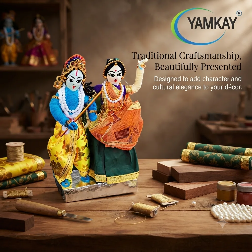 Handmade Radha Krishna Doll | Traditional Indian Divine Couple Figurine | Handcrafted Decorative Idol for Home, Pooja Room, Living Room, Office & Festive Decor | Ethnic Gift