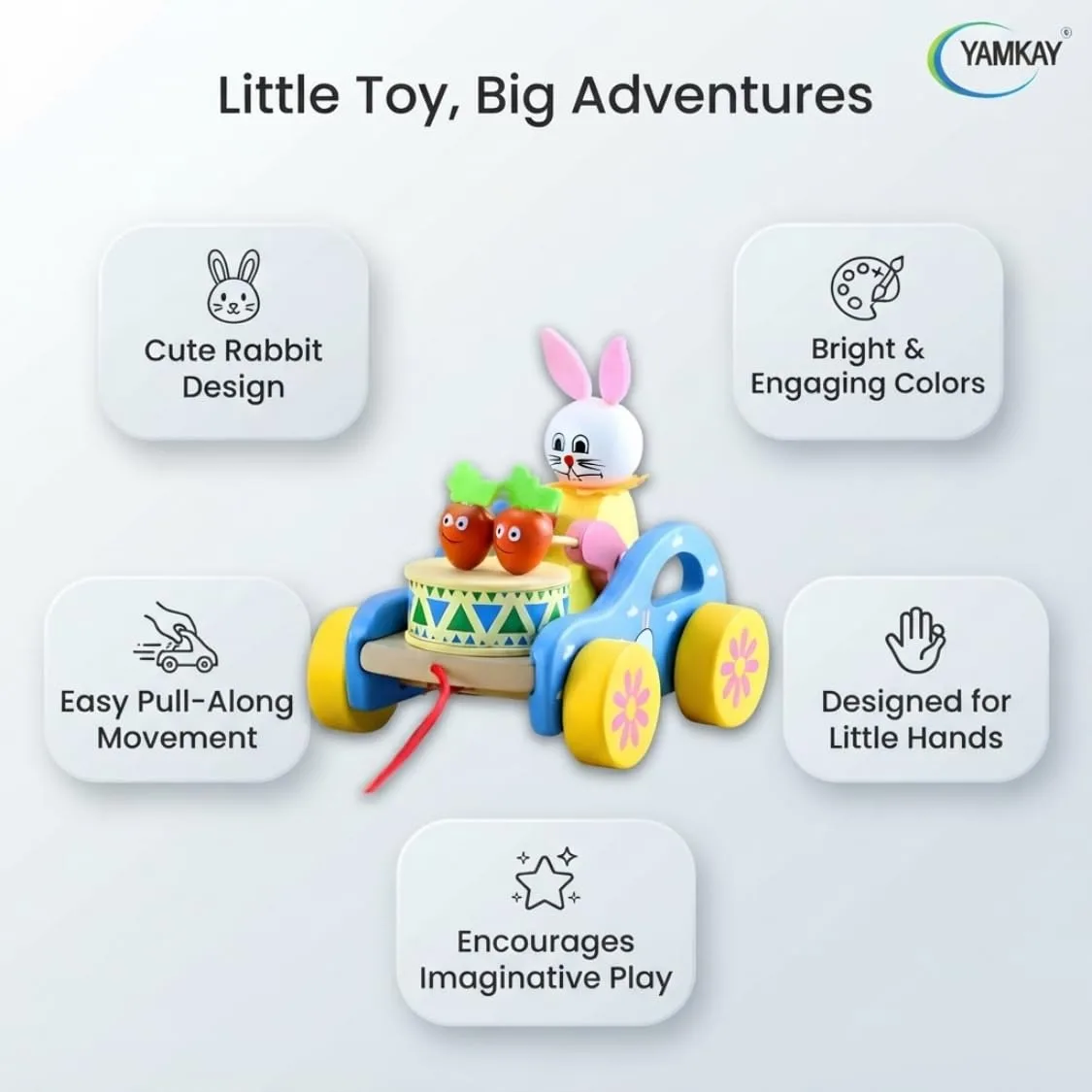 Wooden Rabbit Pull-Along Toy, Bunny Drumming Car, Funny Musical Toy for Toddlers & Kids, Early Walking Vehicle with Attached String, Multi-Color, Cute Wooden Baby Toy for Learning & Play