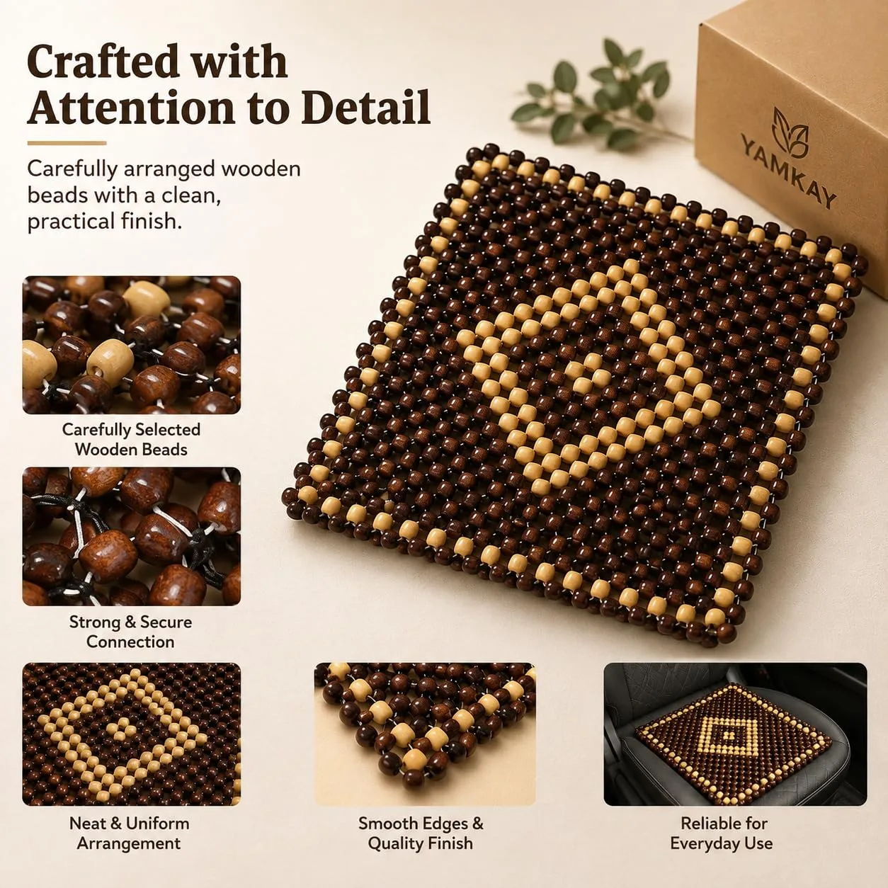 Wooden Bead Car Seat Cushion | Breathable Back & Seat Massager Pad | Universal Fit for Cars, Office Chairs & SUVs | Cooling Comfort, Reduces Sweat | Easy Installation