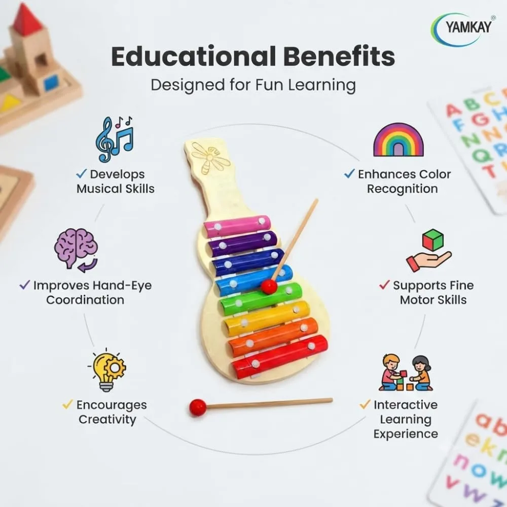 Wooden Guitar Xylophone Musical Toy for with 8 Note Sound Instrument with Metal Keys & Wooden Stick Pack of -1 Big Size