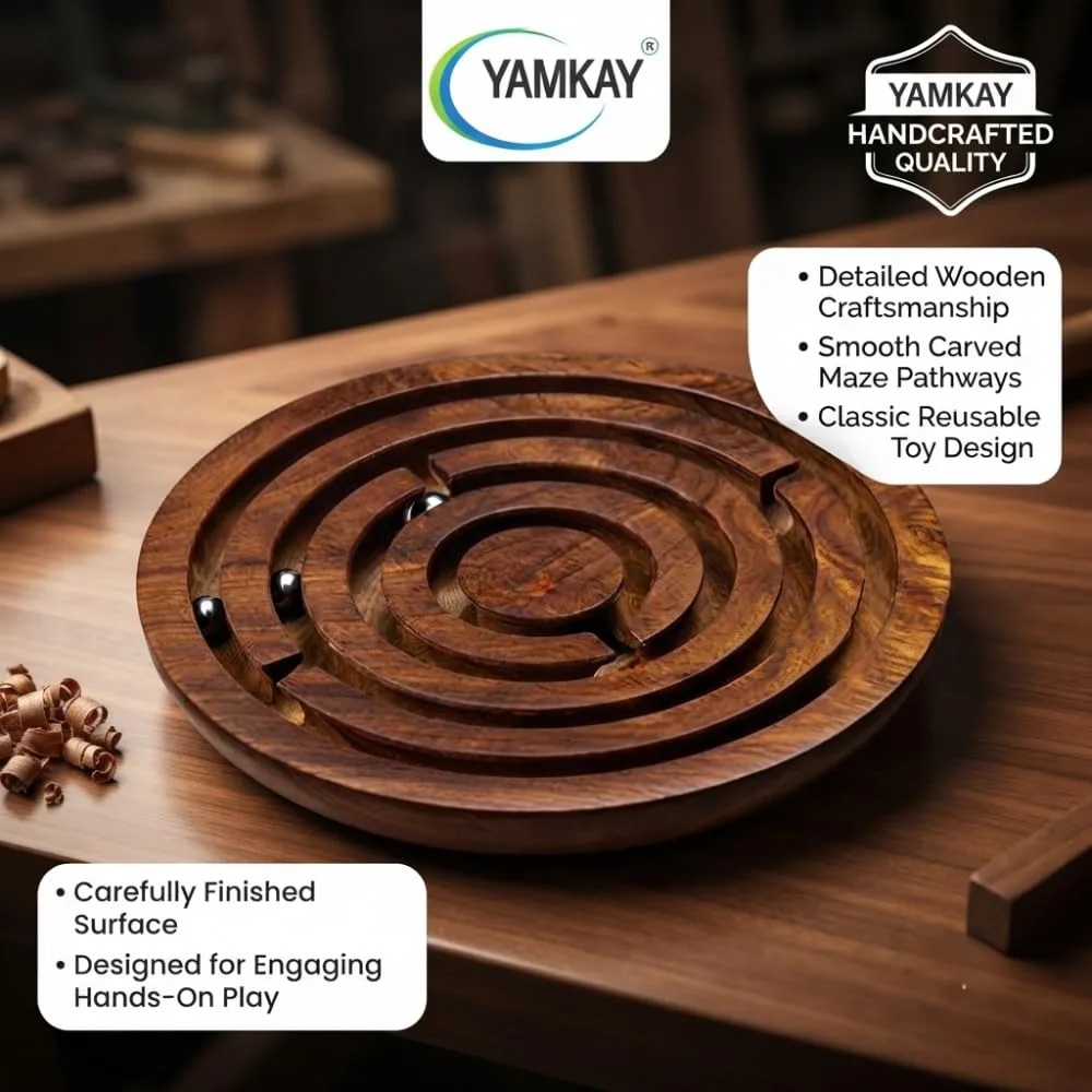 Handmade Round Labyrinth Maze Wooden Skill Toy for Kids, Classic Balance and Coordination Puzzle Game, Screen-Free Activity Toy for Children, Brain Teaser Maze Game for Home, Travel & Family Fun