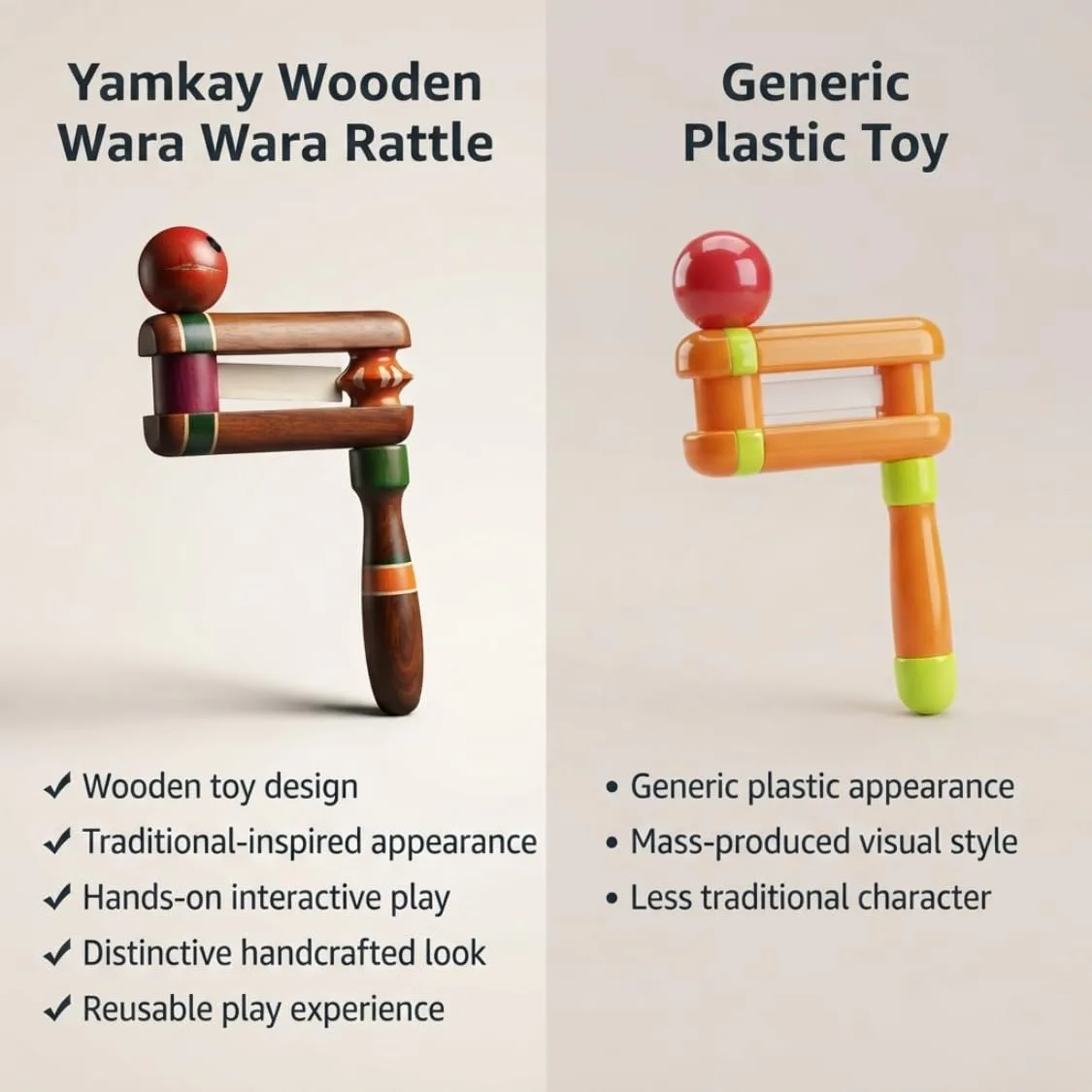 Wooden Wara Wara Rattle Toy for Babies and Toddlers | Traditional Handmade Wooden Shaker Toy with Gentle Sound | Safe Grip Sensory Activity Toy for Early Learning, Hand-Eye Coordination & Playtime
